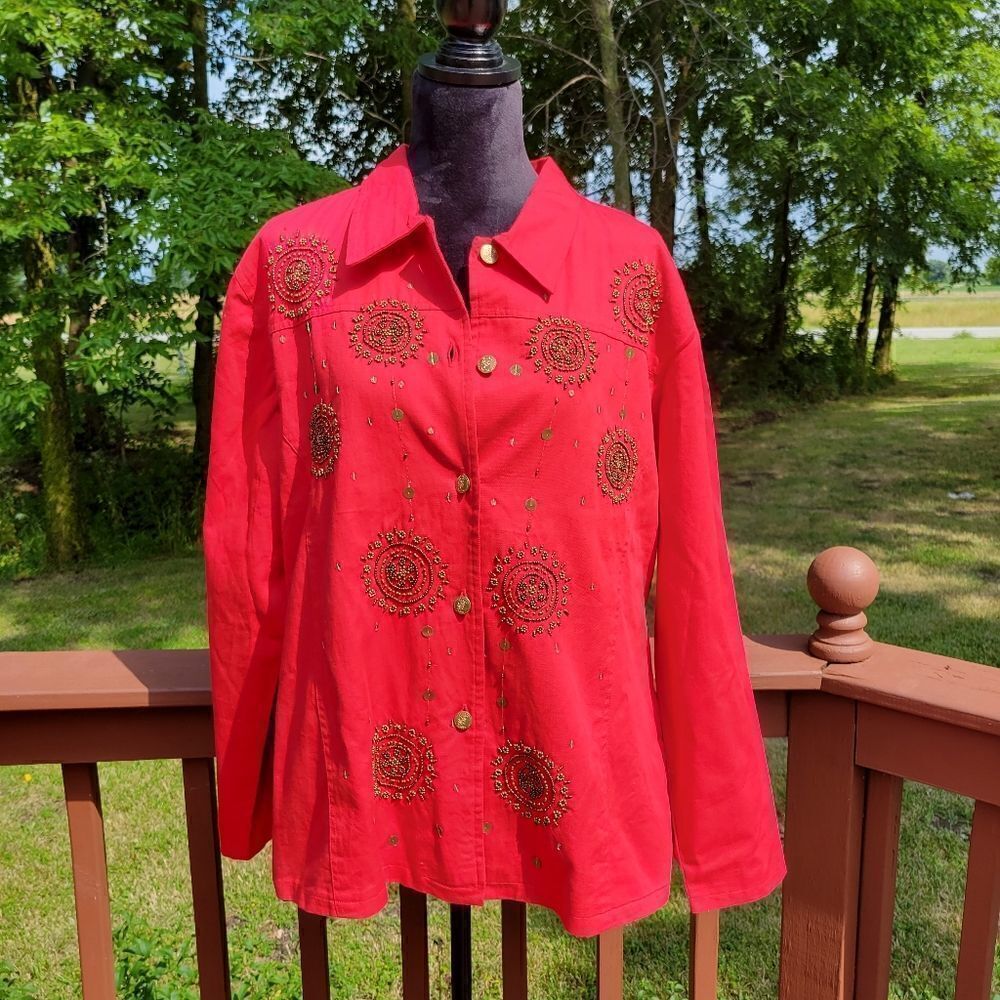 Quacker Factory Red Gold Circles Long Sleeve Button Down Jacket Sz XL